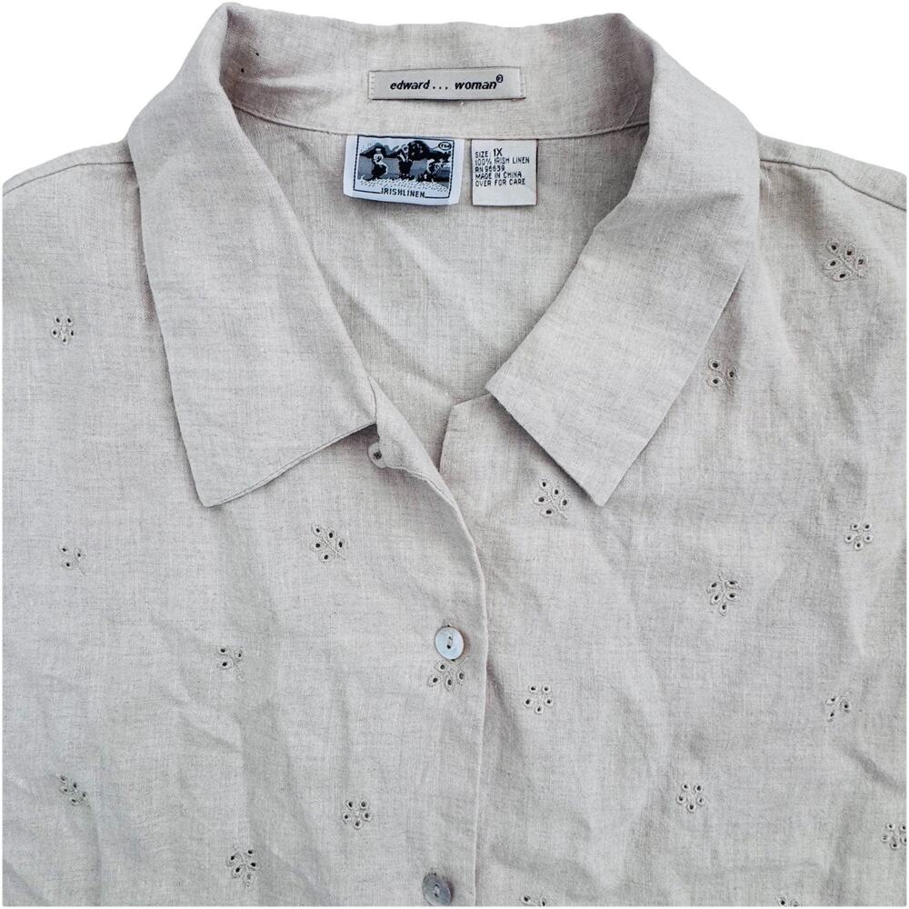 Edward Woman 100% Irish Linen Blouse Eyelet Detail Button Down Shirt 1X